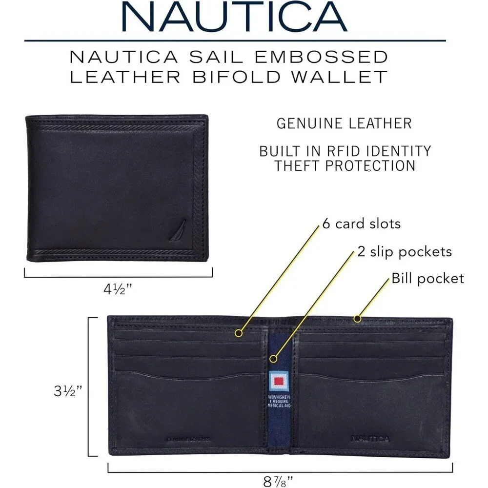 Nautica Men's Bifold Leather Wallet RFID Blocking ID Window Card Slots Durable
